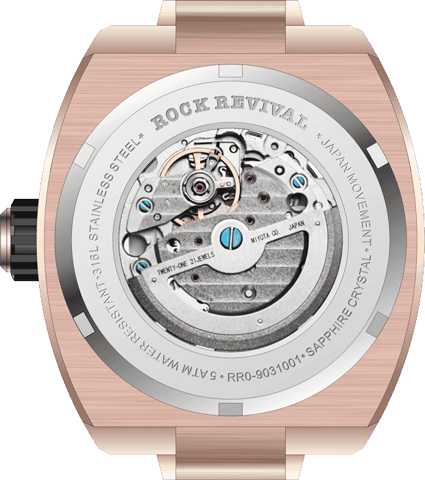 Rock Revival Hawk RRA.9031.RG.BL - Sapphire Crystal and Black Dial Detail