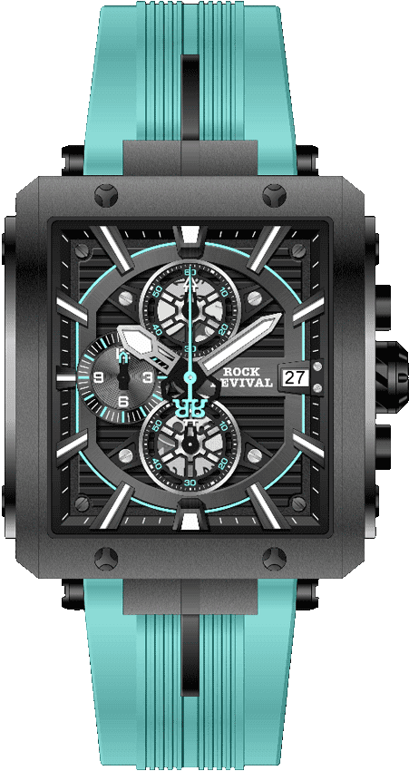 Rock Revival Macaw RRQ-9047-3 Quartz Watch - Black and Turquoise Dial Square Case Front View