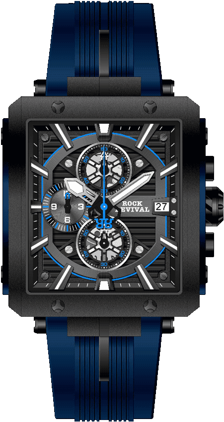 Rock Revival Macaw RRQ-9047-6 Quartz Watch - Black and Blue Dial Square Case Front View