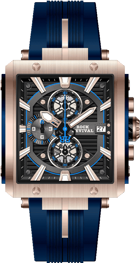 Rock Revival Macaw RRQ-9047-7 Quartz Watch - Black and Blue Dial Square Case Front View