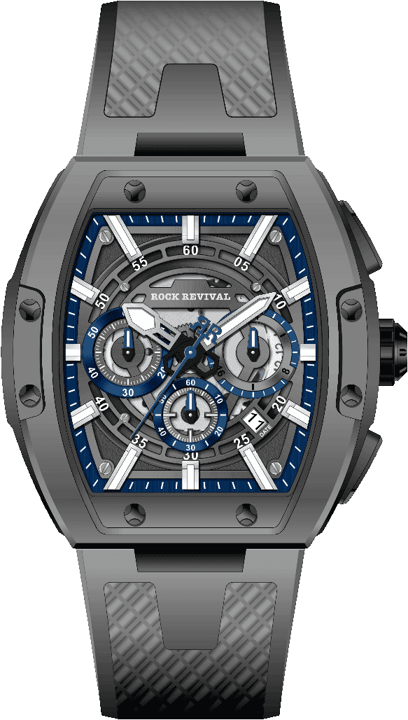 Rock Revival Wolf RRQ-9051-4 Quartz Watch - Grey and Blue Dial Tonneau Case Front View