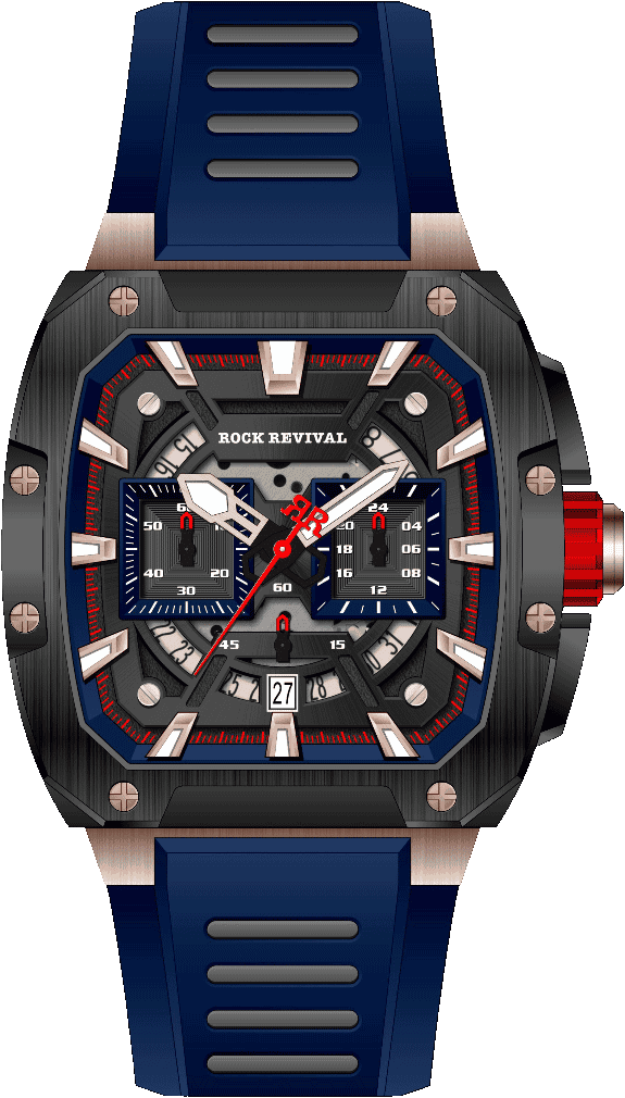 Rock Revival Wolf RRQ-9059-1 Quartz Watch - Black and Blue Dial Square Case Front View