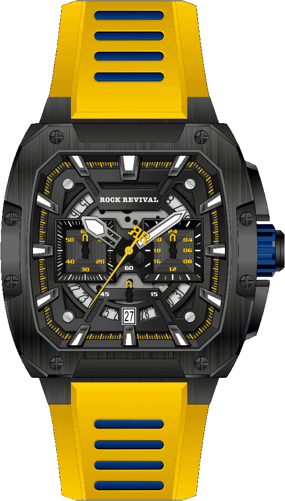 Rock Revival Wolf RRQ-9059-5 Quartz Watch - Black and Yellow Dial Square Case Front View