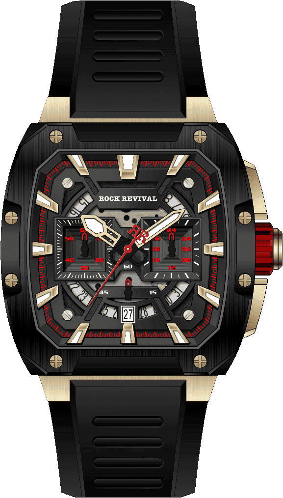 Rock Revival Wolf RRQ-9059-6 Quartz Watch - Black and Red Dial Square Case Front View