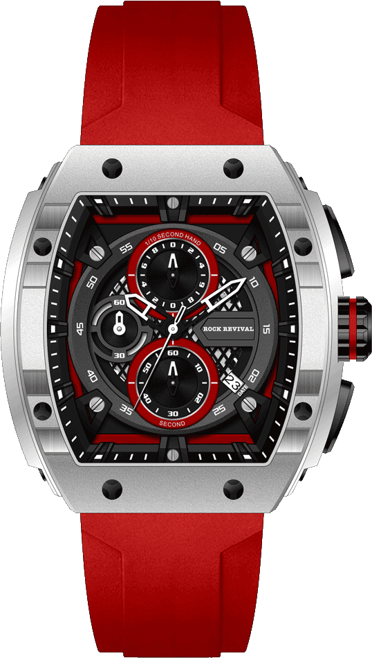 Rock Revival Macaw RRQ.6413.R Quartz Watch - Black and Red Dial Tonneau Case Front View