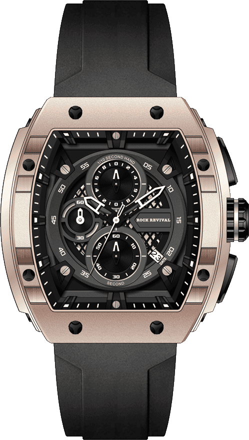 Rock Revival Macaw RRQ.6413.RG.B Quartz Watch - Black Dial Tonneau Case Front View