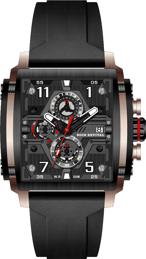 Rock Revival Macaw RRQ.6526.RG.B Quartz Watch - Black Dial Square Case Front View